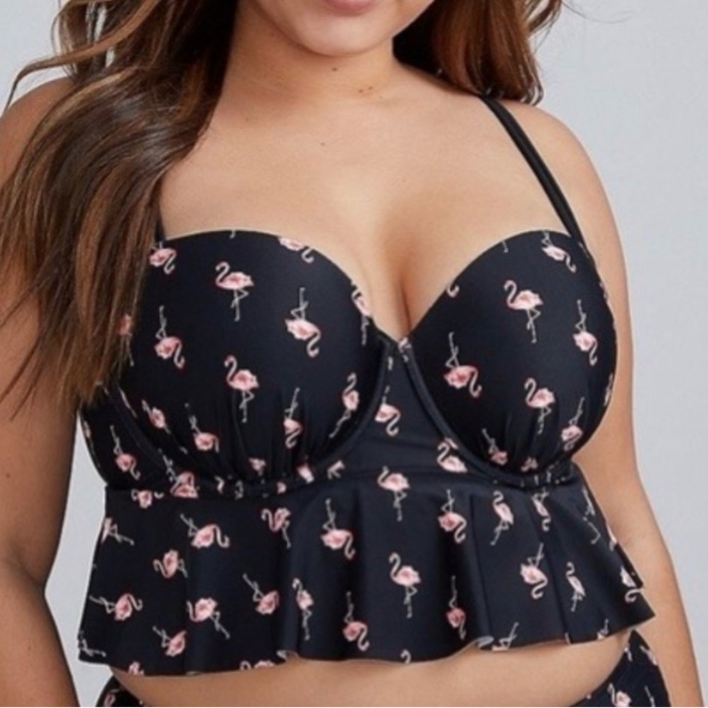 Black Flamingo Print Swim Top